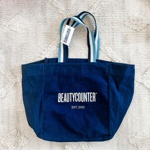beautycounter Navy Canvas Tote with Striped Blue Handles